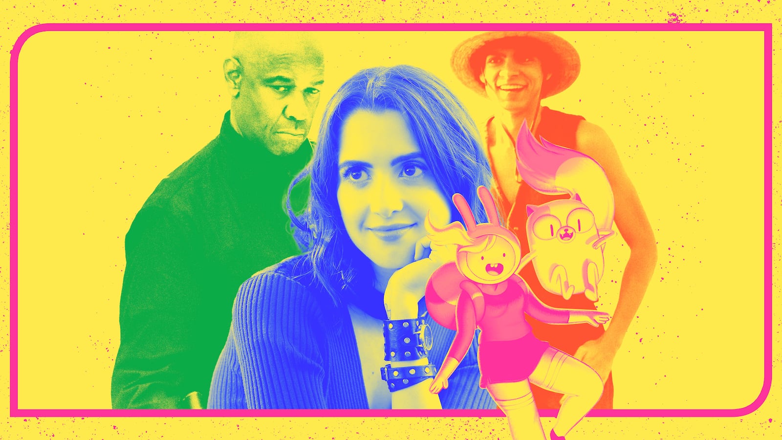 Photo illustration of film stills from One Piece, Choose Love, Fionna and Cake, and The Equalizer 3.