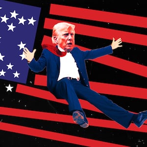 A photo illustration of President Donald Trump falling down a deconstructed American flag.