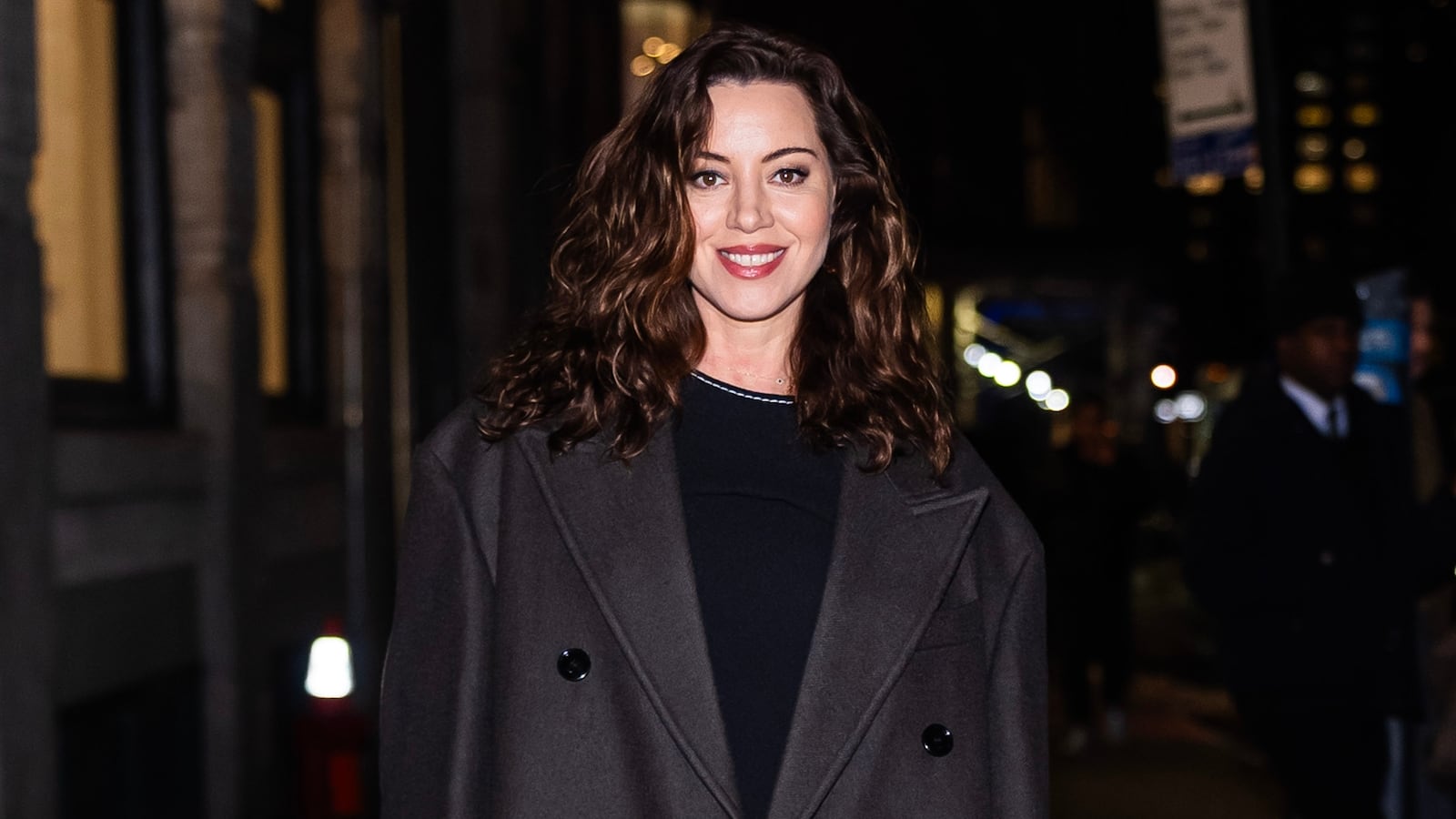 Aubrey Plaza attends Ami Paris Chez Balthazar restaurant on February 16, 2026 in New York City.