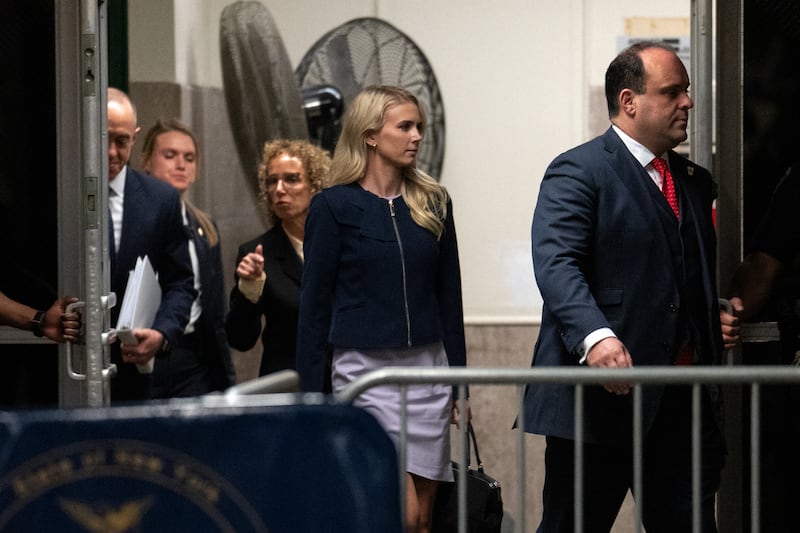 Natalie Harp, communications aide for former U.S. President Donald Trump, returns from a break at Manhattan criminal court in New York, U.S., on Friday, May 3, 2024.   JEENAH MOON/Pool via REUTERS