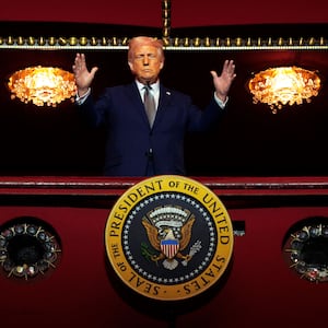 WASHINGTON, DC - MARCH 17: U.S. President Donald Trump looks down from the Presidential Box in the Opera House at the John F. Kennedy Center for the Performing Arts as he participates in a guided tour and leads a board meeting on March 17, 2025 in Washington, DC. After shunning the annual Kennedy Center Honors during his first term in the White House, Trump fired the center’s president, removed the bipartisan board of Biden appointees, and named himself Chairman of the storied music, theater, and dance institution.