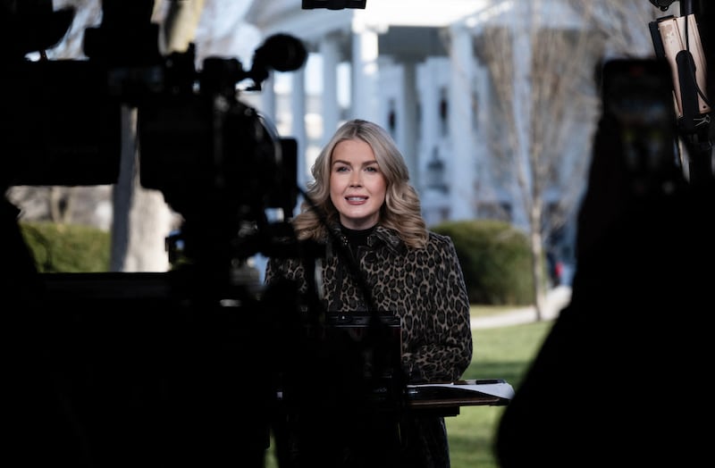 US White House Press Secretary Karoline Leavitt does an TV interview outside the White House