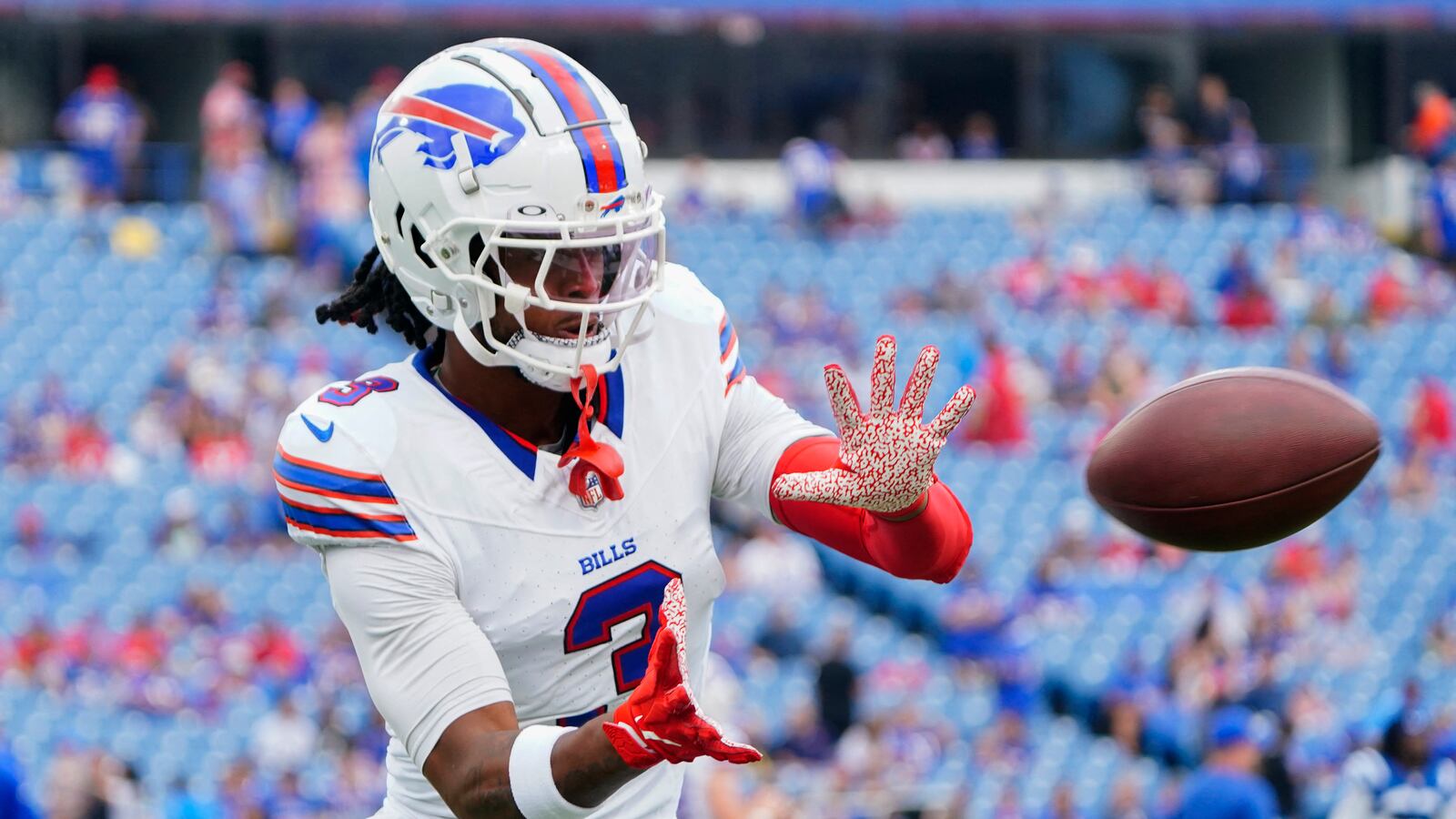 A picture of Buffalo Bills safety Damar Hamlin (3) warming up prior to the game against the Indianapolis Colts. Hamlin has officially made a comeback since suffering a scary on-field collapse from a cardiac arrest in January.