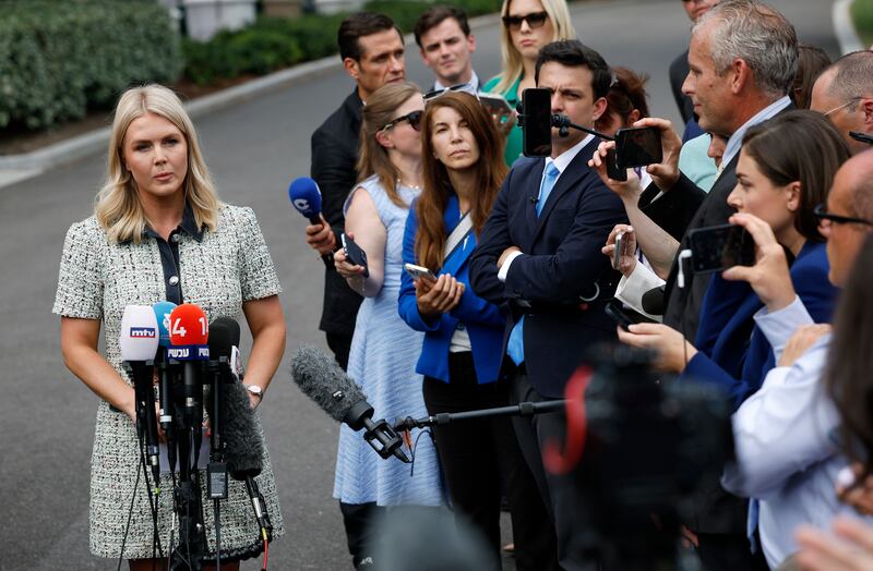 White House Press Secretary Karoline Leavitt answering questions from reporters outside the White House on July 21, 2025 as the White House attempts to put distance between itself and the Epstein case amid backlash.