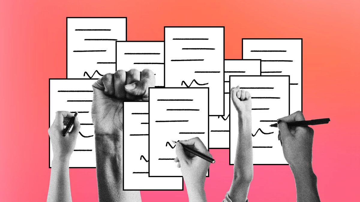 A photo illustration of women signing documents while other women have their hands raised in fists