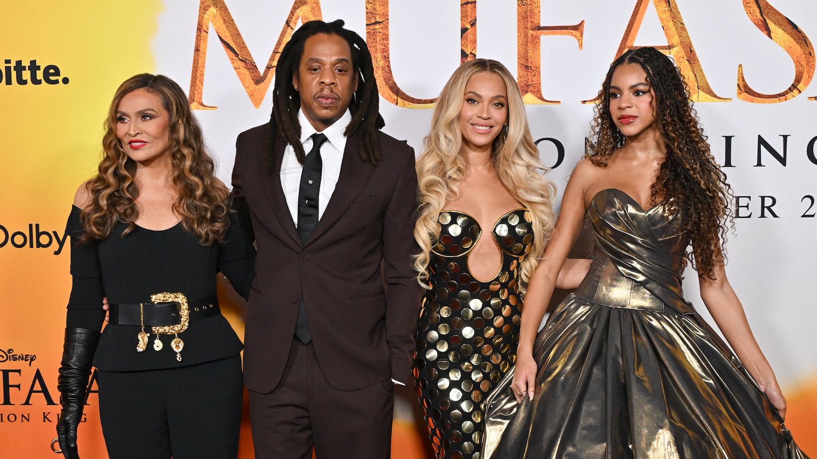 Tina Knowles, rapper Jay-Z, singer-songwriter Beyonce and their daughter Blue Ivy Carter attend the world premiere of Disney's "Mufasa: The Lion King" at the Dolby theater in Hollywood, California, December 9, 2024.