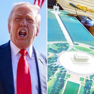 Donald Trump and a plan for an arch across from the Lincoln Memorial is seen on the Resolute Desk in The White House.