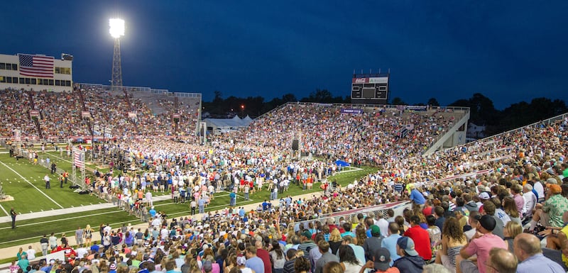 Republican presidential candidate Donald Trump speaks during a rally at Ladd-Peebles Stadium on August 21, 2015 in Mobile, Alabama.