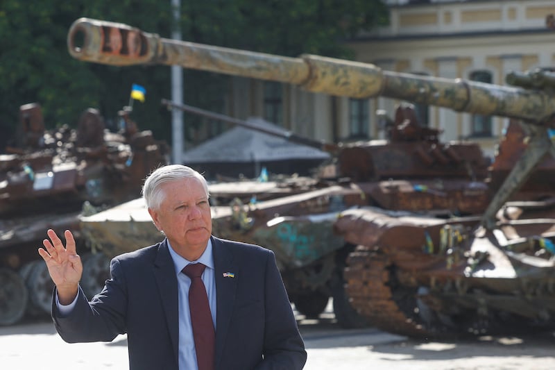 A picture taken on July 10, 2026 shows U.S. Senator Lindsey Graham (R-SC) speaking to the media after his meeting with Ukraine's President Volodymyr Zelenskiy, amid Russia's attack on Ukraine, in Kyiv, Ukraine.