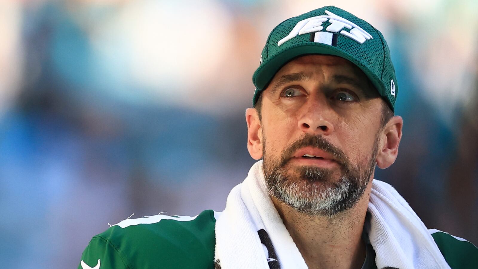 Aaron Rodgers #8 of the New York Jets reacts on sideline during the fourth quarter of the game against the Miami Dolphins at Hard Rock Stadium on December 08, 2024 in Miami Gardens, Florida.