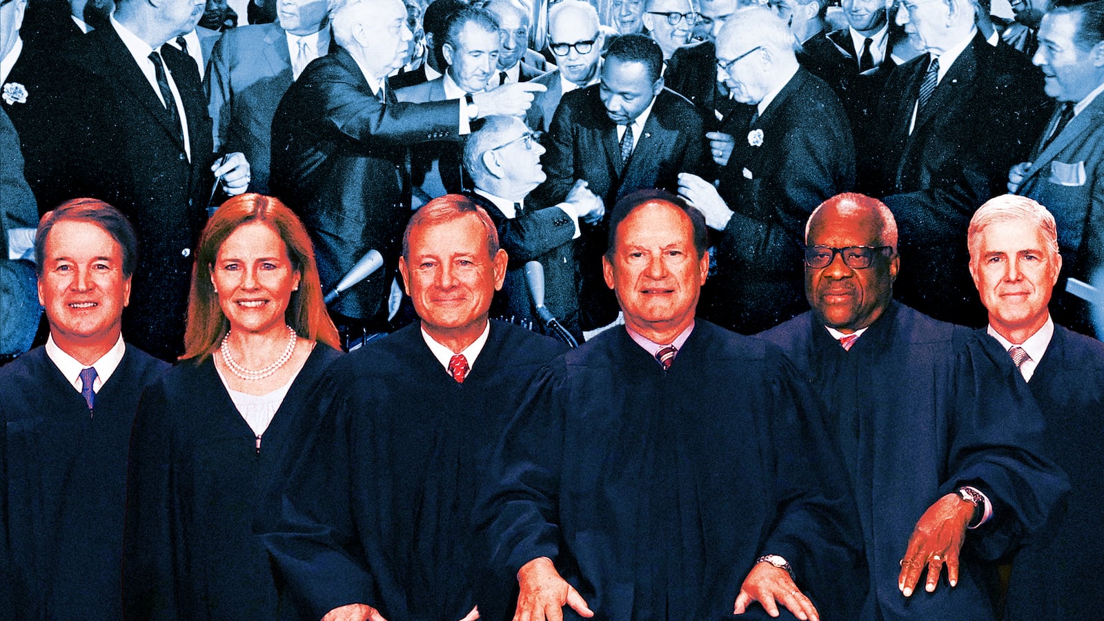 A photo illo illustration of conservative Supreme Court justices, LBJ and MLK during the signing of the Civil Rights Act of 1964 at The White House.