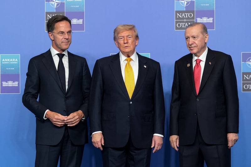 Turkish President Tayyip Erdogan and NATO Secretary General Mark Rutte welcome U.S. President Donald Trump at a NATO leaders' summit in Ankara, Turkey, July 8, 2026. REUTERS/Jonathan Ernst