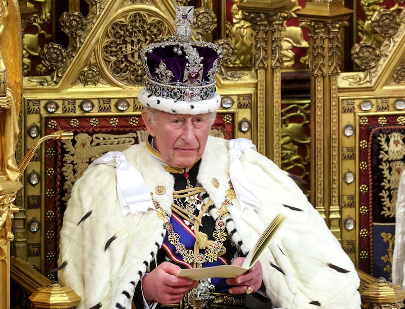 King Charles III delivers the King's Speech in the House of Lords Chamber during the State Opening of Parliament on May 13, 2026, in London, England.