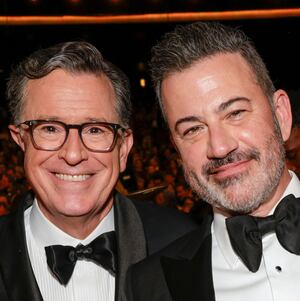 Evelyn McGee-Colbert, Stephen Colbert, Jimmy Kimmel, and Molly McNearney at the 77TH EMMY® AWARDS, broadcasting live to both coasts from the Peacock Theater in Los Angeles, California, Sunday, Sept. 14, (8:00-11:00 PM, LIVE ET/5:00-8:00 PM, LIVE PT) on the CBS Television Network, and streaming on Paramount+.* -- Photo: Francis Specker/CBS ©2025 CBS Broadcasting, Inc. All Rights Reserved.