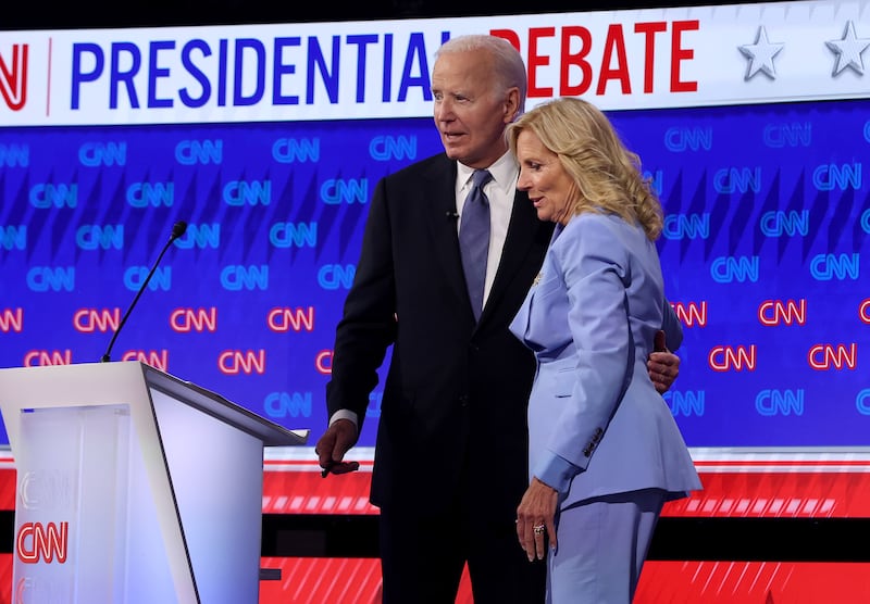 ATLANTA, GEORGIA - JUNE 27: U.S. President Joe Biden embraces first lady Jill Biden following the CNN Presidential Debate at the CNN Studios on June 27, 2024 in Atlanta, Georgia. President Biden and Republican presidential candidate, former U.S. President Donald Trump are facing off in the first presidential debate of the 2024 campaign. (Photo by Justin Sullivan/Getty Images)