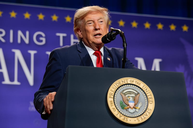 LAS VEGAS, NEVADA - AUGUST 05: U.S. President Donald Trump delivers remarks during an event at Red Rock Casino Resort and Spa on August 05, 2026 in Las Vegas, Nevada. Trump is expected to promote recent tax relief initiatives aimed at American workers, highlight the administration’s economic platform and endorse Gov. Joe Lombardo in his re-election campaign against Nevada Attorney General Aaron Ford. (Photo by Chip Somodevilla/Getty Images)