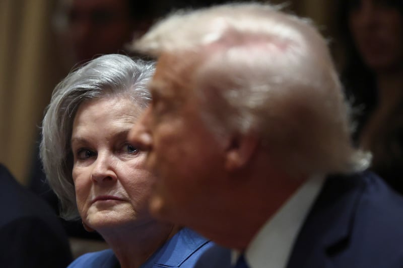 White House Chief of Staff Susie Wiles looks on as U.S. President Donald Trump speaks at the White House, in Washington, D.C., U.S., March 25, 2025.