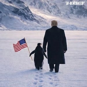 AI generated image of Trump walking through the snow next to a penguin holding the American flag