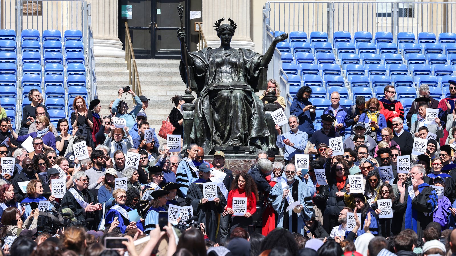 People rally inside the Columbia University which is occupied by pro-Palestian protesters in New York.