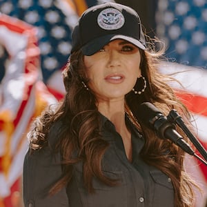 Homeland Security Secretary Kristi Noem speaks during a press conference in Nogales, Arizona, on February 4, 2026.