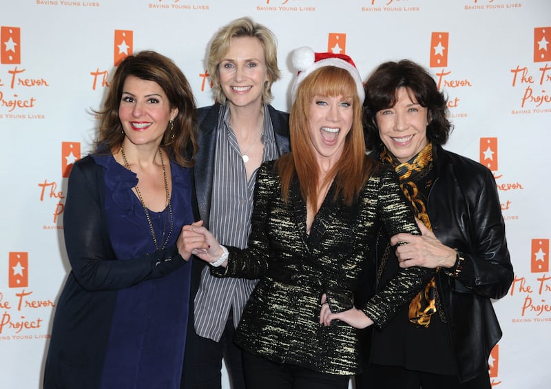 UNIVERSAL CITY, CA - DECEMBER 16:  (L-R) Actresses Nia Vardalos, Jane Lynch Kathy Griffin, Lily Tomlin arrive at the The Gibson Amphitheatre At Universal City Walk where Kathy Griffin performed in aid of The Trevor Project on December 16, 2010 in Universal City, California.  (Photo by Frazer Harrison/Getty Images)