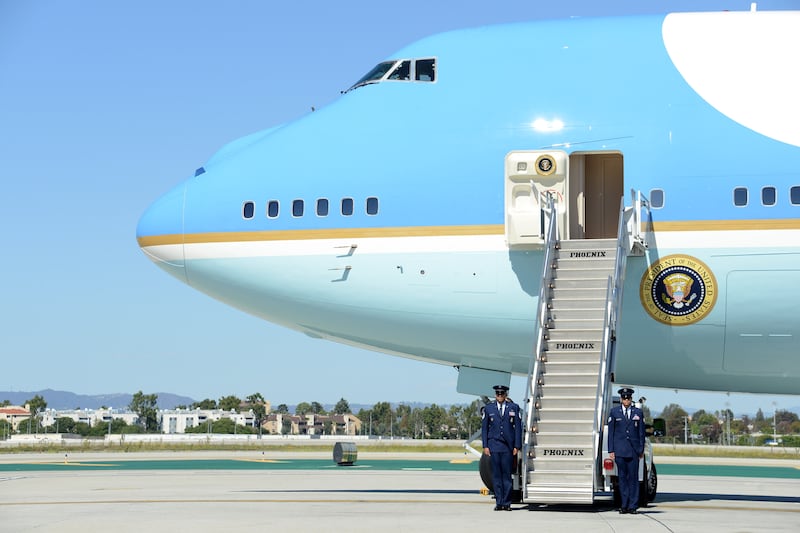LOS ANGELES, CA - OCTOBER 10:  Members of the 89th Airlift Wing stand by Air Force One at LAX Airport on October 10, 2015 in Los Angeles, California.  (Photo by Michael Kovac/WireImage)