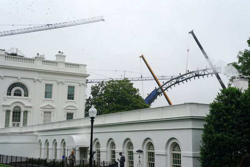 A section of the UFC Freedom 250 stage during assembly on the South Lawn of the White House in Washington, D.C., U.S., May 25, 2026. REUTERS/Nathan Howard