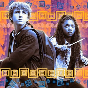 A photo illustration of Walker Scobell and Leah Sava Jeffries on Percy Jackson and The Olympians.