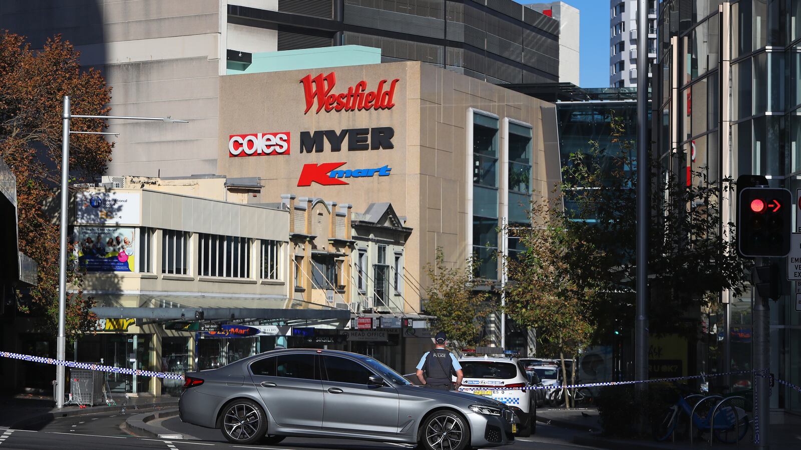 Police cordon off surrounding areas at Westfield Bondi Junction on April 14, 2024 in Bondi Junction, Australia.
