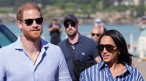 Britain's Prince Harry and Meghan, the Duke and Duchess of Sussex, arrive to meet volunteer first responders from Bondi Surf Bathers' Life Saving Club, during a visit to Bondi Beach, on day four of the royal trip to Australia, April 17, 2026.