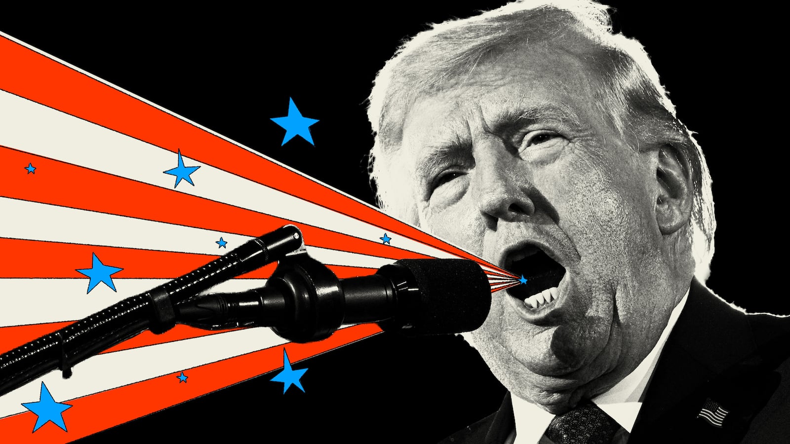 Donald Trump with stars and stripes coming out of his mouth as he speaks into a microphone