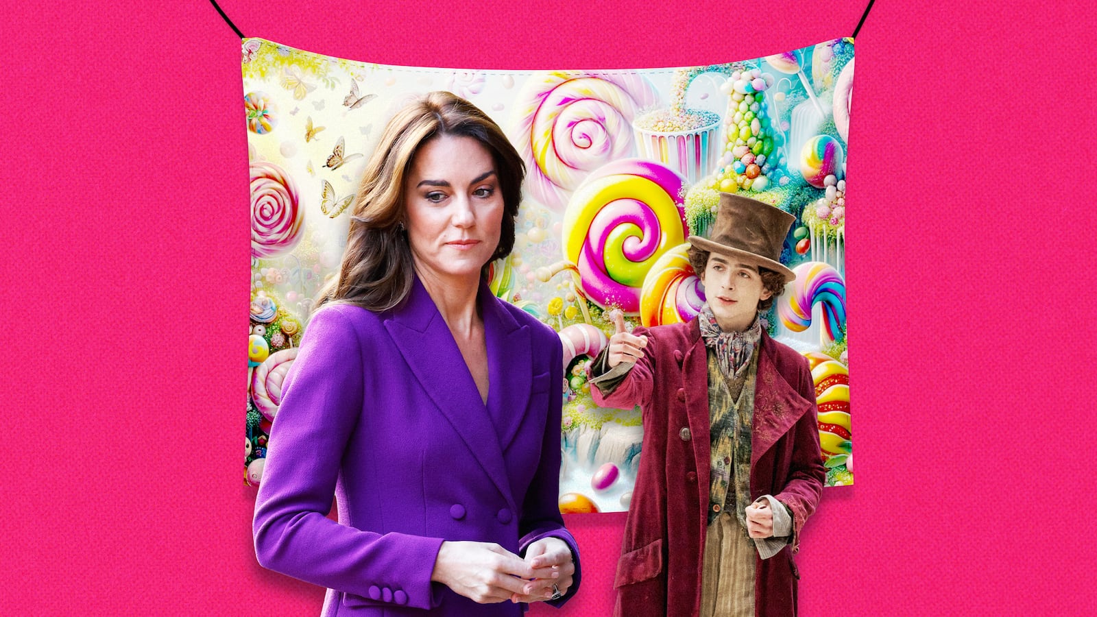 A photo illustration of Kate Middleton and Timothée Chalamet as Willy Wonka.