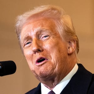 President Donald Trump speaks to the crowd as U.S. Vice President JD Vance looks on in the VIP overflow viewing area in Emancipation Hall after his inauguration at the U.S. Capitol on January 20, 2025 in Washington, DC.