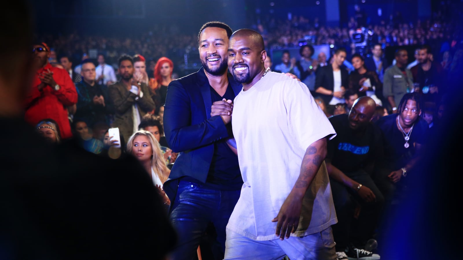 LOS ANGELES, CA - AUGUST 30: Recording artists John Legend (L) and Kanye West attend the 2015 MTV Video Music Awards at Microsoft Theater on August 30, 2015 in Los Angeles, California. (Photo by Christopher Polk/MTV1415/Getty Images)