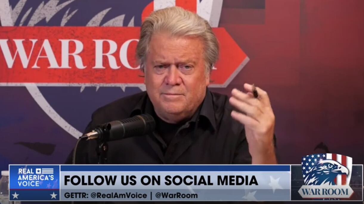 Steve Bannon hosts his War Room podcast on Real America’s Voice.