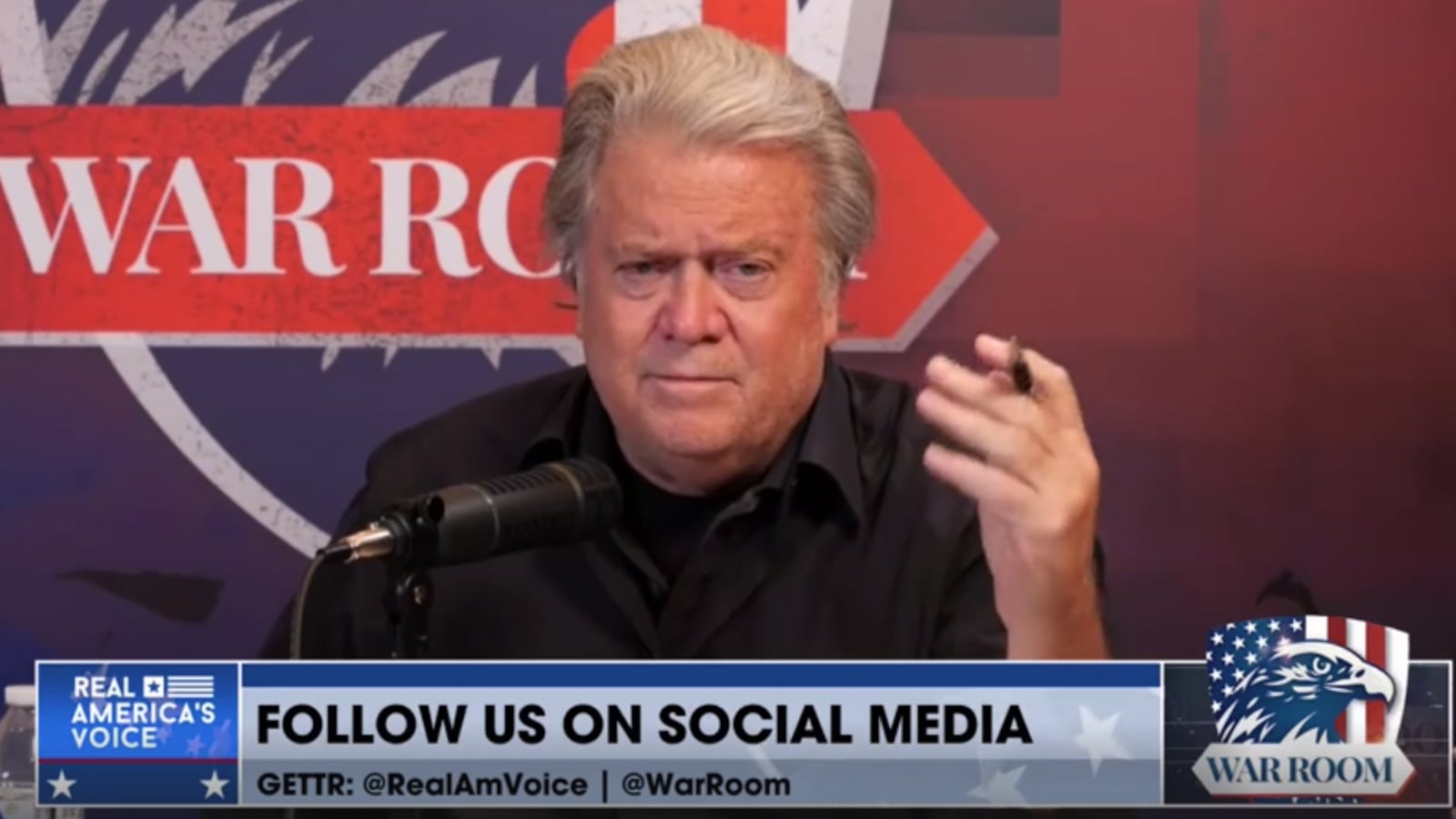 Steve Bannon hosts his War Room podcast on Real America’s Voice.