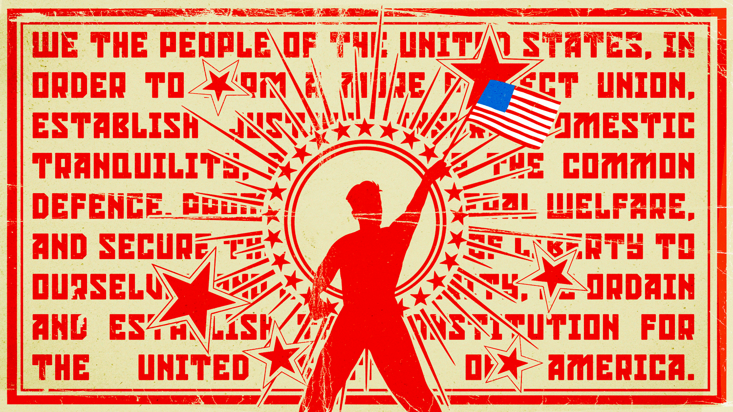 Illustrative gif in the style of socialist and communist propaganda posters with a man waving an American flag