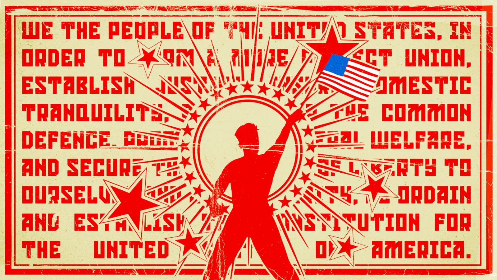 Illustrative gif in the style of socialist and communist propaganda posters with a man waving an American flag
