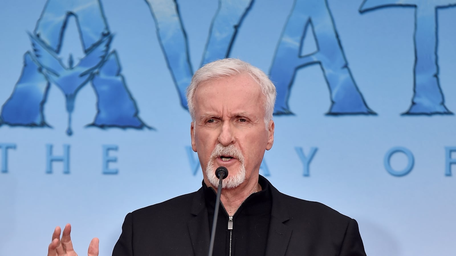 HOLLYWOOD, CALIFORNIA - JANUARY 12: James Cameron speaks onstage at the handprints and footprints ceremony honoring "Avatar: The Way Of Water" filmmakers James Cameron and Jon Landau at TCL Chinese Theatre in Hollywood, California on January 12, 2023. (Photo by Alberto E. Rodriguez/Getty Images for 20th Century Studios)