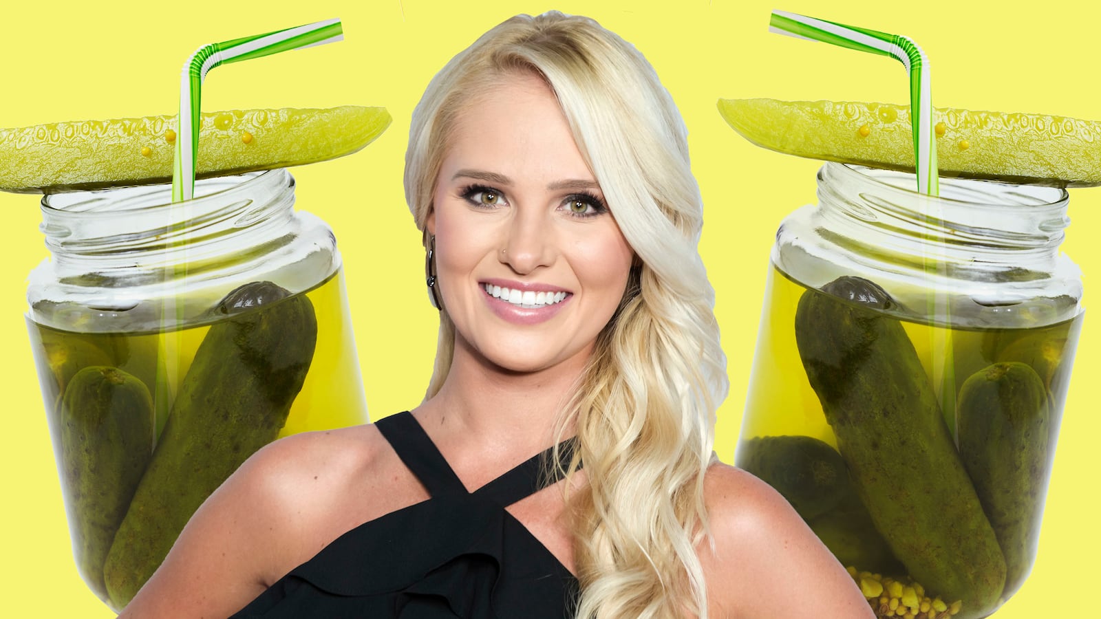 image of tomi lahren between two jars of pickles with pickle on top on yellow green background pickle back sour half fox theblaze the blaze