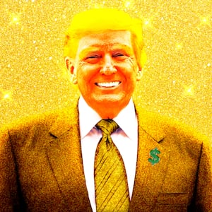 A photo illo illustration of a golden Donald Trump.
