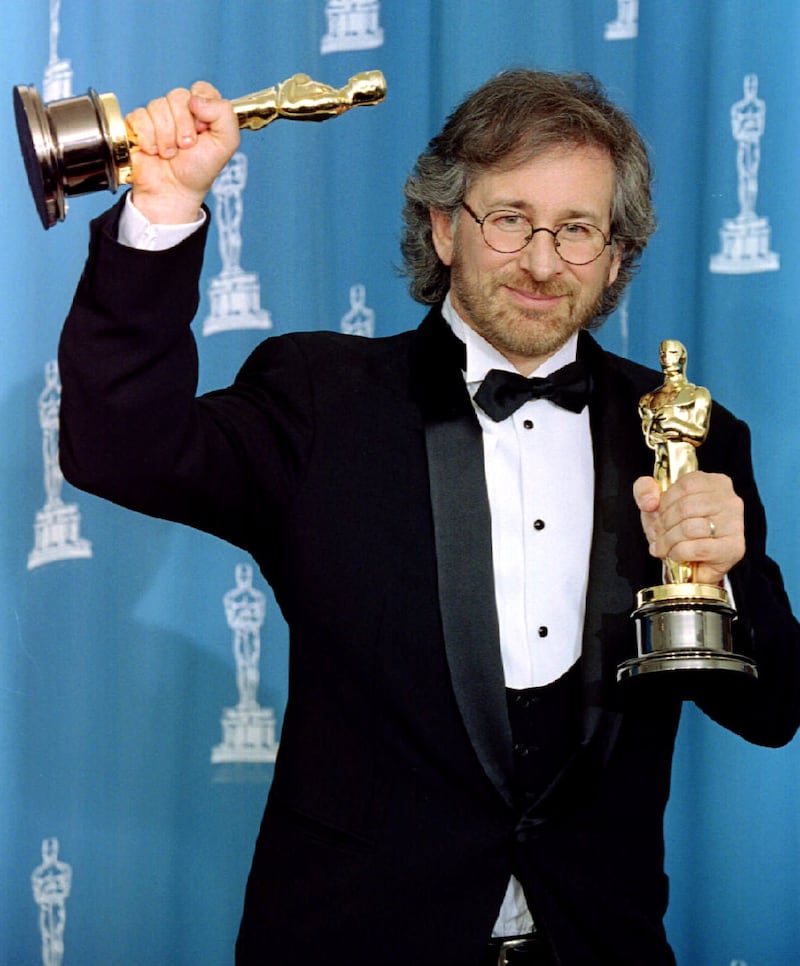 Steven Spielberg displays his Oscars for his holocaust epic "Schindler's List" at the Academy Awards March 21. Spielberg won Best Picture and Best Director and the film also won Best Screenplay Adaptation
