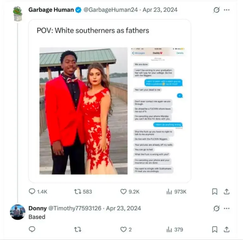 Timothy Donahue appears to agree with abhorrent racism posted online.