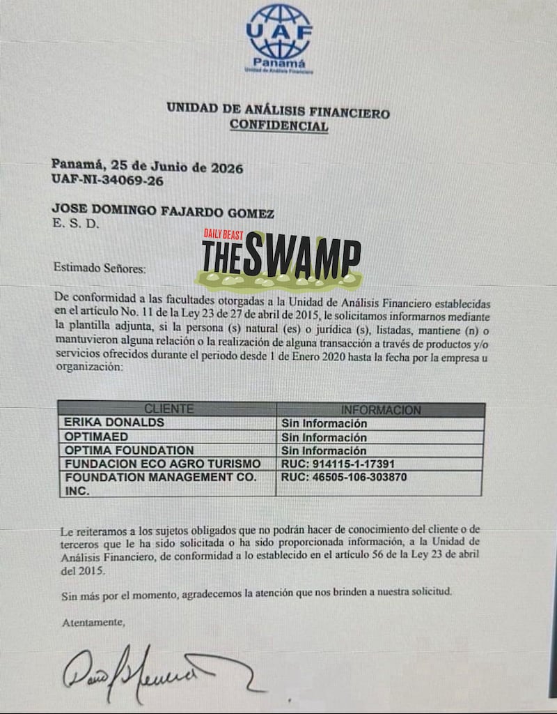 This document, obtained by The Swamp, shows how Donalds’ name is part of a Panamanian probe.