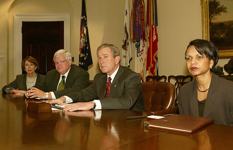 Then-National Security Advisor Condoleezza Rice with President George W. Bush on March 17, 2003, three days before the U.S. invaded Iraq.