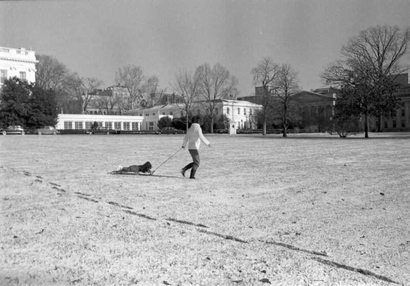 Jacqueline Kennedy dragging a sledge across the South Lawn in the snow