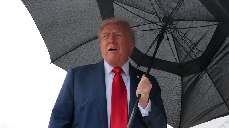 JOINT BASE ANDREWS, MARYLAND - OCTOBER 12: U.S. President Donald Trump speaks to the press before boarding Air Force One for a trip to the Middle East on October 12, 2025 at Joint Base Andrews, Maryland. President Trump will address the Israeli Knesset in Jerusalem on Monday, followed by a "Gaza Peace Summit" in Sharm El-Sheikh, Egypt, after helping broker a ceasefire between Israel and Hamas. (Photo by Chip Somodevilla/Getty Images)