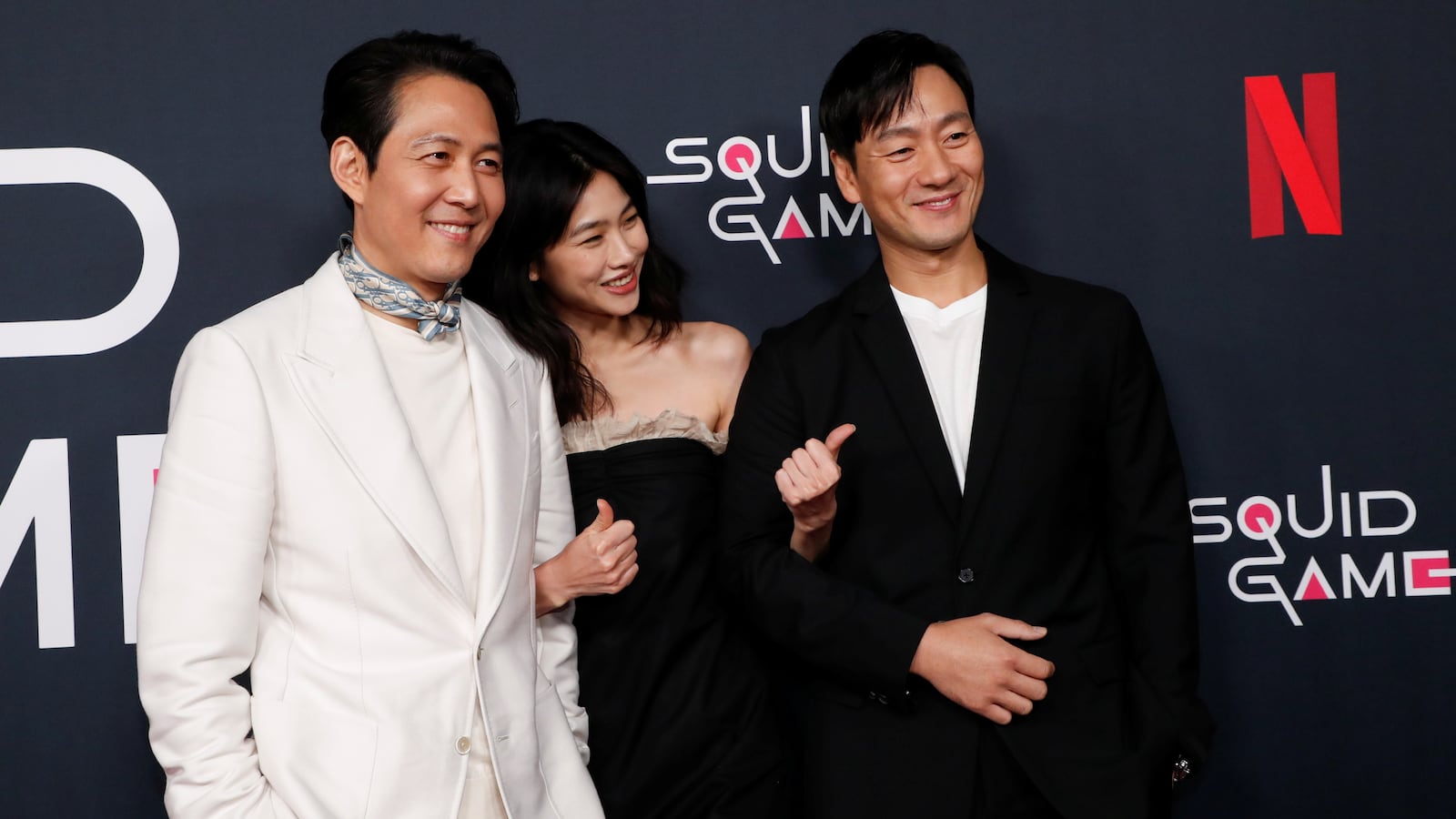 Lee Jung-jae, Jung Hoyeon and Park Hae Soo attend a special event for the television series Squid Game in Los Angeles, California, U.S. November 8, 2021.