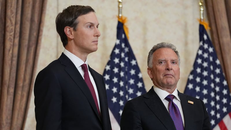 Jared Kushner and Steve Witkoff, Special Envoy for Peace Missions listen as Vice President JD Vance speaks during a news conference after meeting with representatives from Pakistan and Iran, Sunday, April 12, 2026, in Islamabad, Pakistan.