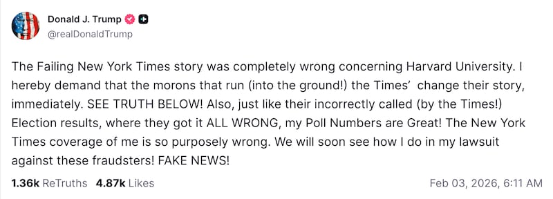 Trump's Truth Social about the New York Times being wrong.